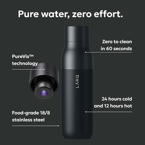 LARQ Bottle PureVis 17 oz - Self-Cleaning and Insulated Stainless Steel Water Bottle with UV Water Purifier and Award-winning Design | Reusable & Travel Friendly, Obsidian Black