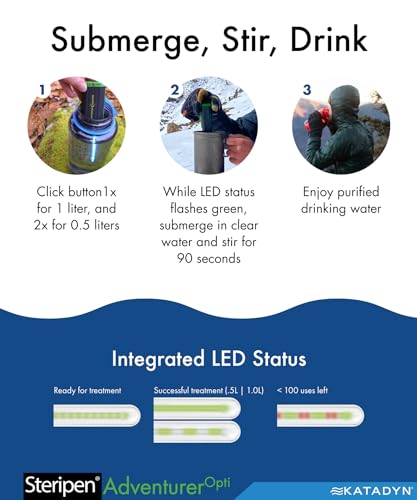 SteriPen Adventurer Opti UV Personal Water Purifier for Camping, Backpacking, Emergency Preparedness and Travel Black/Green Small