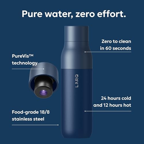 LARQ Bottle PureVis 17 oz - Self-Cleaning and Insulated Stainless Steel Water Bottle with UV Water Purifier and Award-winning Design | Reusable & Travel Friendly, Monaco Blue