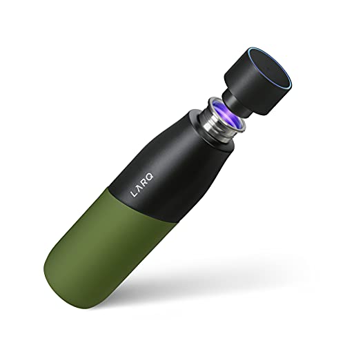 LARQ Bottle Movement PureVis 32 oz- Lightweight Self-Cleaning and Non-Insulated Stainless Steel Water Bottle with UV Water Purifier | Reusable & Travel Friendly, Black/Pine