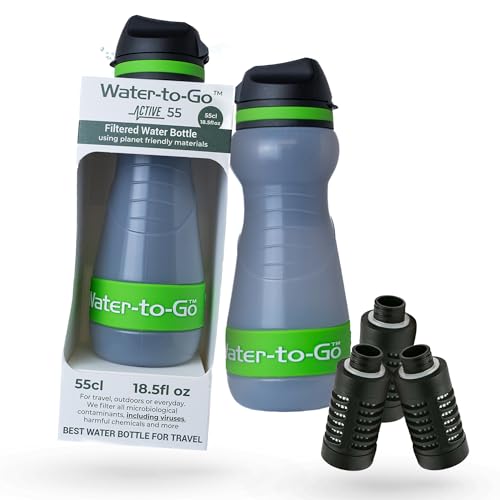 Small Filtered Water Bottle (18.5oz/55cl) Value Bundle with Three Filters, Nanofiltration Water Bottle with Filter for Travel, BPA-Free Bioplastic. Green