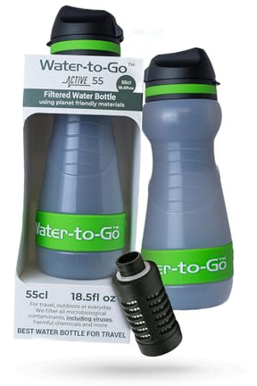 Travel Water Filter Bottle - 18.5oz/55cl Compact Filtered Water Bottle for International Travel - Removes Viruses - Eco-Friendly Bioplastic - New Leakproof Lid