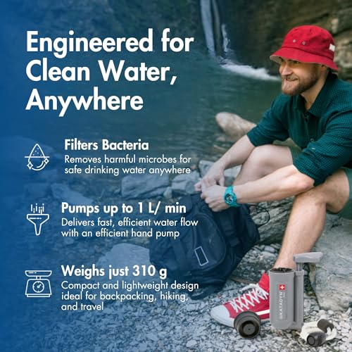 Katadyn Hiker 11oz Pump-Action Water Filter for Backpacking, Camping, Hiking & Trekking - Microfilter Water Purification Unit Filters Sediment & Fine Particles, Field-Cleanable, Backpacker Magazine Approved
