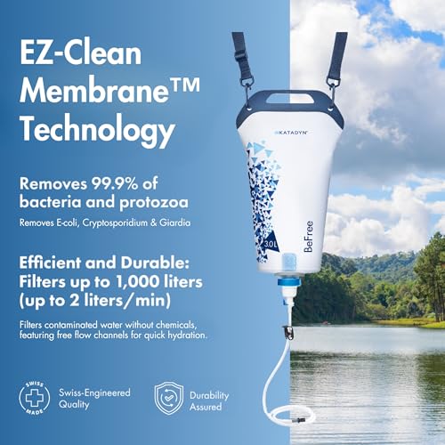 Katadyn BeFree Gravity Water Filter 3L for Camping, Backpacking & Hiking | 0.1 Micron Hollow Fiber Filter Removes Bacteria & Protozoa, 1,000L Capacity, BPA-Free